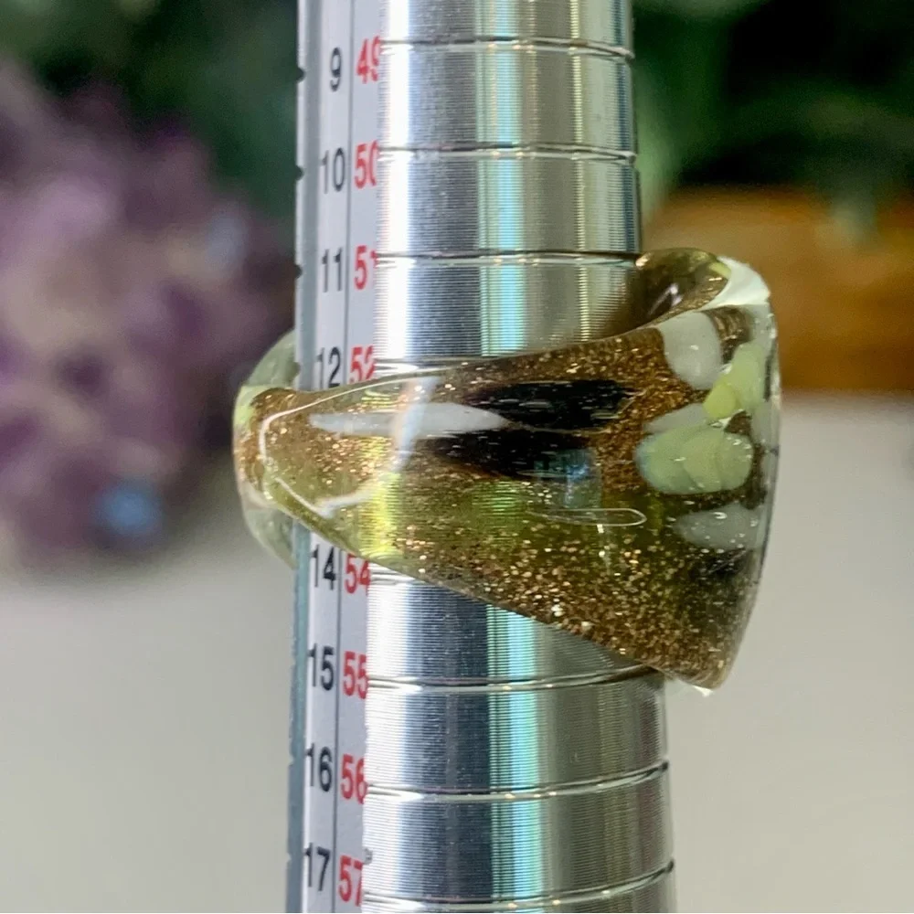 VTG Murano Style Art Glass Hand Blown Gold Foil Lampwork Confetti Dome Ring SZ 7